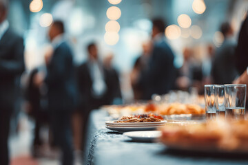 A blurred view of a corporate event with a buffet table and people in the background mingling around