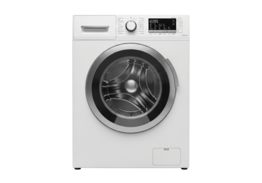 A modern white front-loading washing machine with a chrome door, digital display, and rotary dial, isolated on a seamless bright white studio background with copy space, concept for home appliance