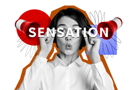 Composite trend artwork sketch photo collage of silhouette young lady omg face emoji shocked loudspeaker breaking news sensation word - Powered by Adobe