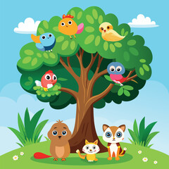 Naklejka premium Cute cartoon animals and birds in a tree isolated on white background
