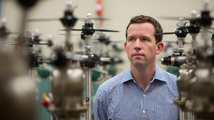 Man in a laboratory setting surrounded by scientific equipment