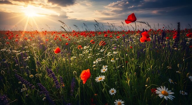 A vibrant field of wildflowers bursts into color at sunset, with sunlight illuminating the colorful blossoms.