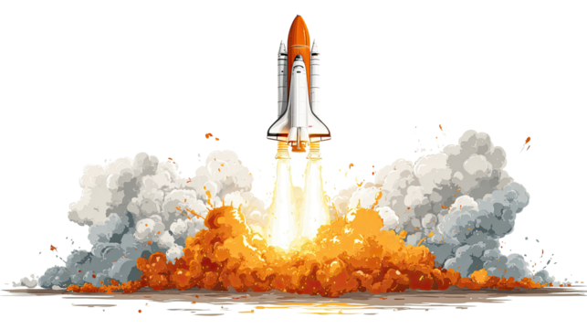 Futuristic rocket soaring through outer space with stars and planets in the background isolated on white background
