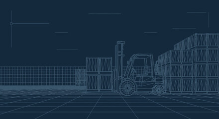 Blueprint style illustration of a forklift in a warehouse with stacked boxes and grid floor