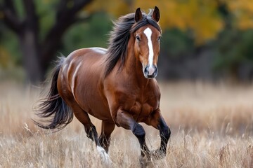 Obraz premium Bay Horse Running Through Autumn Field