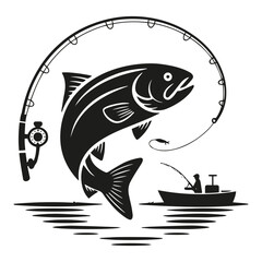 Fishing Silhouette with Jumping Fish and Boat