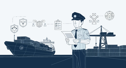 Digital port security and customs clearance concept illustration with ship and officer