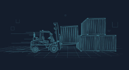 Forklift truck lifting shipping container blueprint illustration design concept