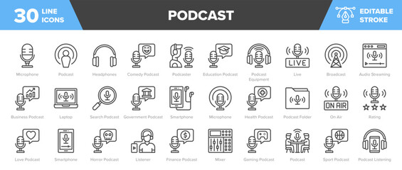Podcast Line Icon Set - Microphone, Headphones, Audio, MIxer Vector Illustration