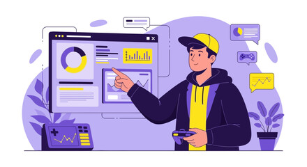 Illustration of a gamer analyzing performance data on a dashboard and using a controller