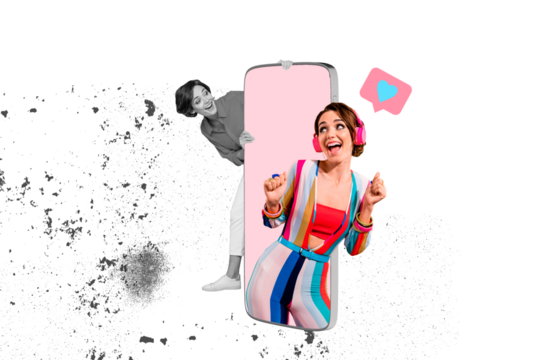 Composite photo collage of happy celebrity fan girls phone blogging concept music headphones like reaction isolated on painted background