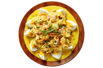 Peruvian Aji de Gallina served in wooden bowl, garnished with eggs and herbs isolated on white transparent background. Concept of South American cuisine