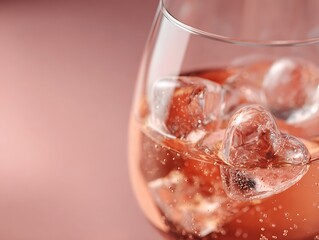 Closeup of sparkling ros&eacute; with heart-shaped ice cubes in glass on pink background. Romantic Valentine&rsquo;s Day drink, wedding celebration or love party toast