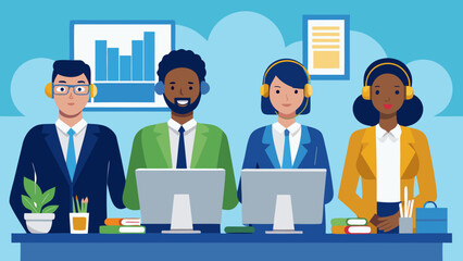 Vector art of diverse customer service team providing support and assistance, ensuring customer satisfaction in a professional call center environment
