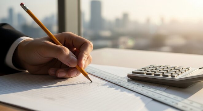 Architect at work designing blueprint with pencil ruler and calculator