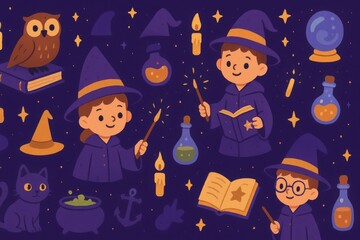 Seamless magic school cartoon pattern for kids with wizards, owls, and potions in rich colors, ideal for whimsical fantasy themes. Generative AI