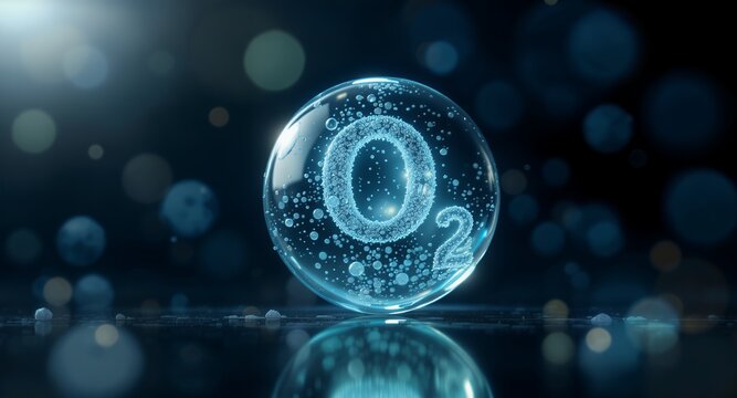 Oxygen molecule in a glass sphere, abstract science background, clean energy concept, 3D illustration