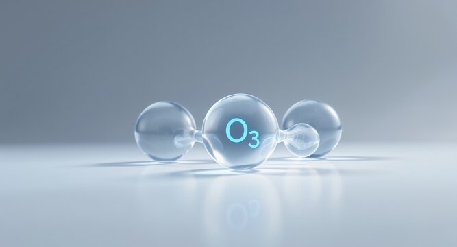 Ozone molecule, 3D rendering, science, chemistry, transparent spheres, molecular structure, atoms, oxygen, scientific illustration, educational graphic, health, medical, technology, clean air, pu