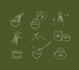 Matcha tea symbols teapot, whisk, bowl, plantation, cup, ceremony drawing with white color on green background