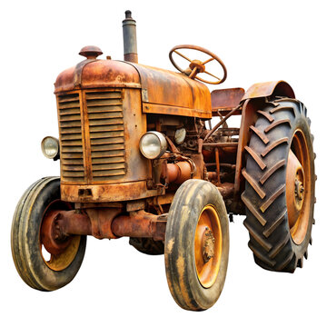 Old rusty orange tractor with large tires isolated on black vintage