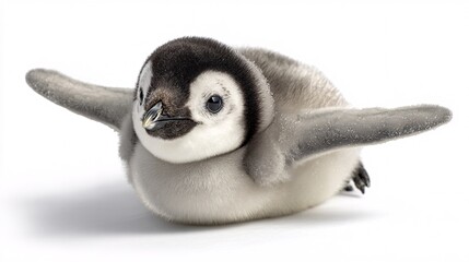 Adorable baby penguin floating softly with tiny wings open on white background