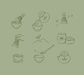 Matcha tea symbols teapot, whisk, bowl, plantation, cup, ceremony drawing with green color on olive background