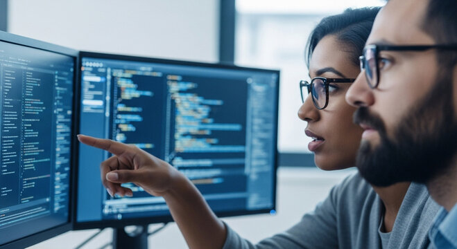 Focused software engineers collaborating on code review in modern office, developing innovative solutions for a tech startup together, creating new digital future