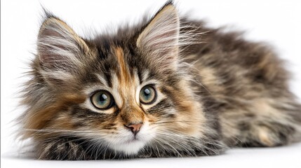 Obraz premium Cute kitten floating softly with fluffy fur glowing against white background