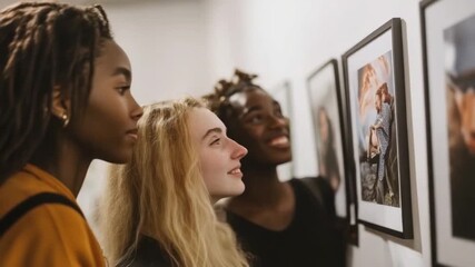 Group of diverse friends laughing and pointing at interactive display in museum during leisure time for cultural exploration