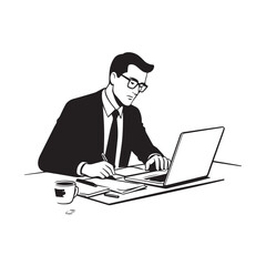 Black and white line art of a hardworking man at office desk with laptop and documents minimalist illustration