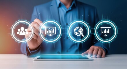 Businessman using tablet with virtual icons of teamwork, data analysis, global search, and business growth, showcasing modern technology and digital transformation for success