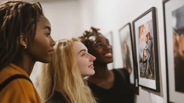 Group of diverse friends laughing and pointing at interactive display in museum during leisure time for cultural exploration