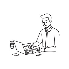 Black and white line art of a hardworking man at office desk with laptop and documents minimalist illustration