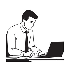 Black and white line art of a hardworking man at office desk with laptop and documents minimalist illustration