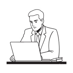 Black and white line art of a hardworking man at office desk with laptop and documents minimalist illustration