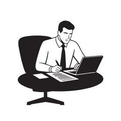 Black and white line art of a hardworking man at office desk with laptop and documents minimalist illustration