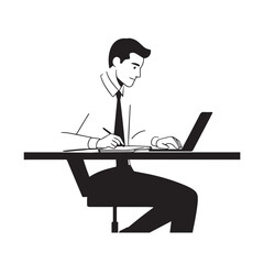 Black and white line art of a hardworking man at office desk with laptop and documents minimalist illustration