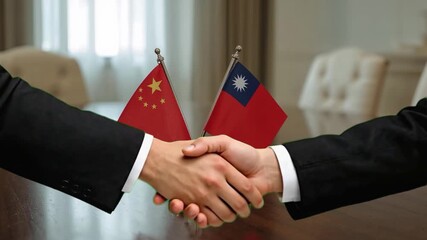 Dynamic handshake between China and Taiwan flags, symbolizing diplomatic talks and international relations in action