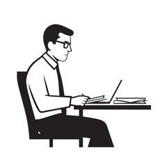 Black and white line art of a hardworking man at office desk with laptop and documents minimalist illustration