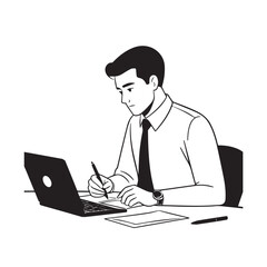 Black and white line art of a hardworking man at office desk with laptop and documents minimalist illustration