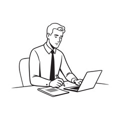 Black and white line art of a hardworking man at office desk with laptop and documents minimalist illustration