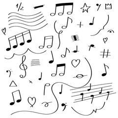 Music notes hand drawn doodle vector illustration set. Freehand sketch melody symbol elements. 
