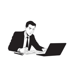Black and white line art of a hardworking man at office desk with laptop and documents minimalist illustration