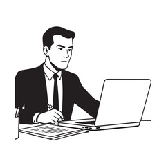 Black and white line art of a hardworking man at office desk with laptop and documents minimalist illustration