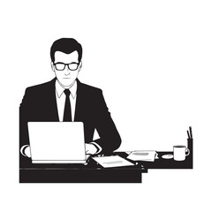 Black and white line art of a hardworking man at office desk with laptop and documents minimalist illustration