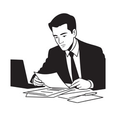 Black and white line art of a hardworking man at office desk with laptop and documents minimalist illustration