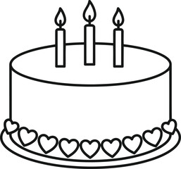 Simple line art celebration cake with three candles and heart decorations for parties and birthdays vector