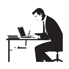 Black and white line art of a hardworking man at office desk with laptop and documents minimalist illustration