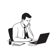 Black and white line art of a hardworking man at office desk with laptop and documents minimalist illustration