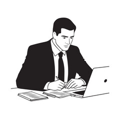 Black and white line art of a hardworking man at office desk with laptop and documents minimalist illustration